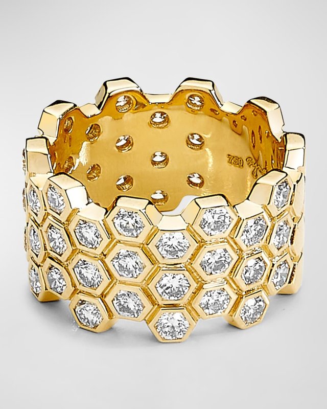 18K Yellow Gold Hex Band with Diamonds, Size