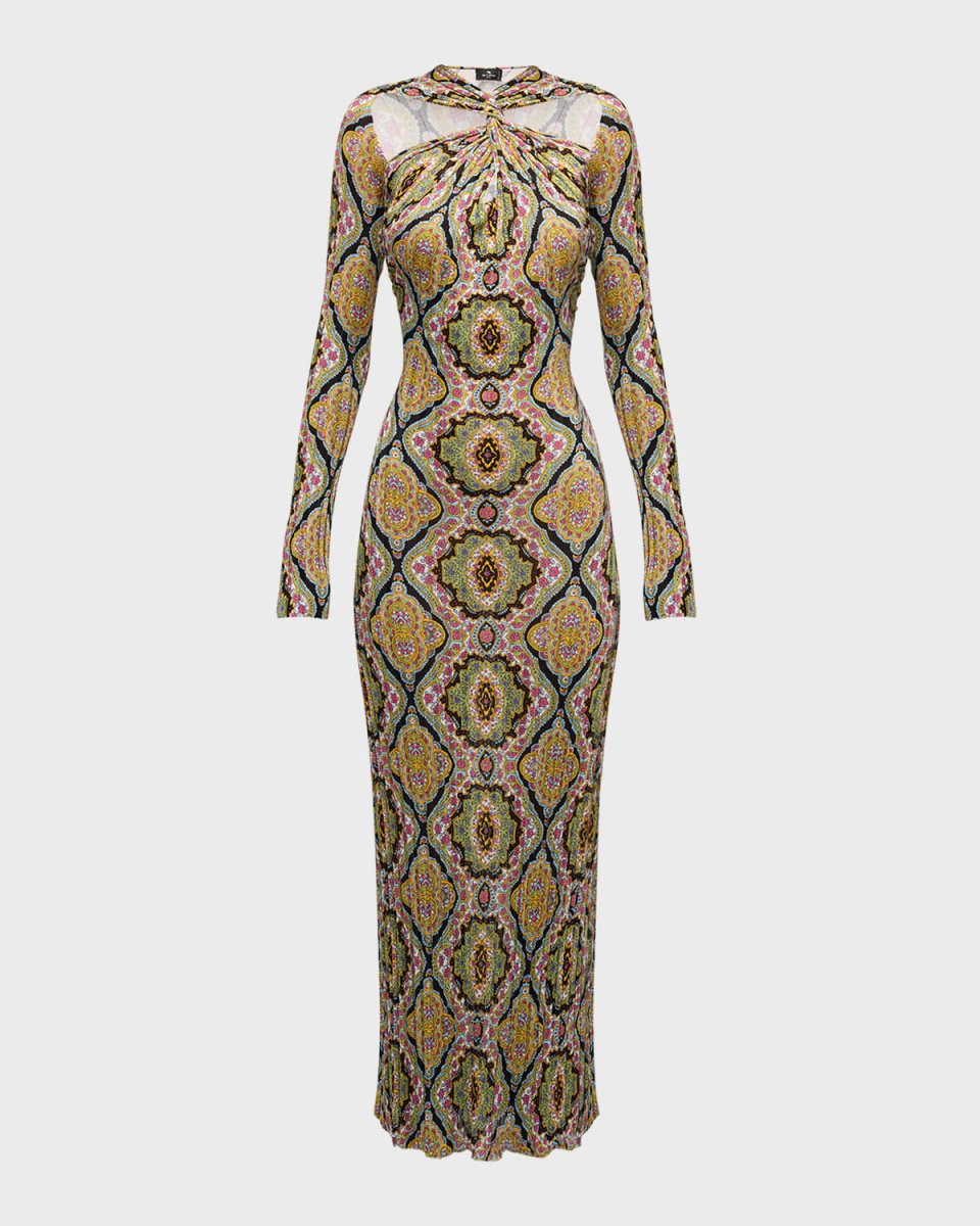 Twisted Cutout Medallion-Print Long-Sleeve Rib Knit Maxi Dress