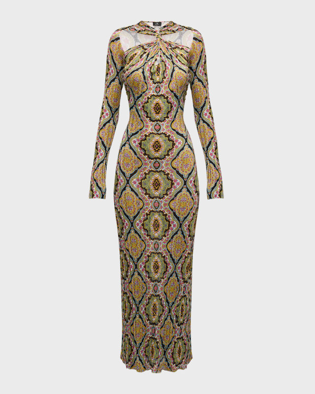 Twisted Cutout Medallion-Print Long-Sleeve Rib Knit Maxi Dress