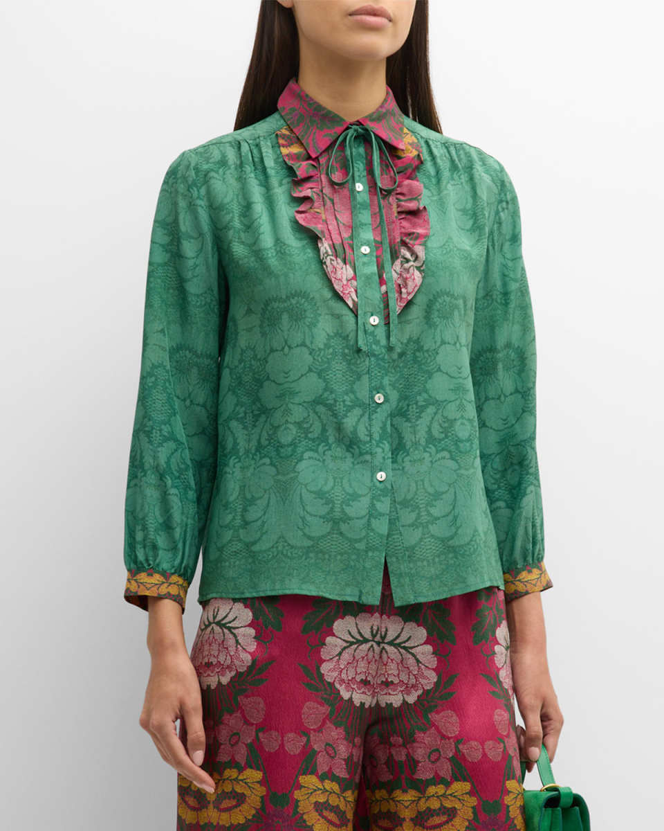 Floral-Print Ruffle Silk Blouse
