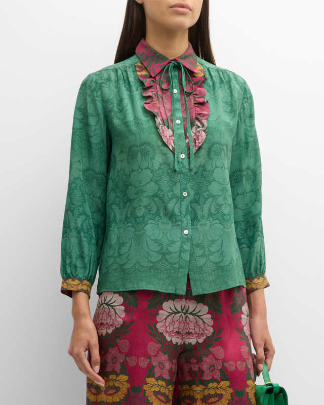 Floral-Print Ruffle Silk Blouse
