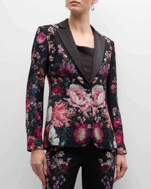 Breann Floral-Print Fitted Satin Blazer