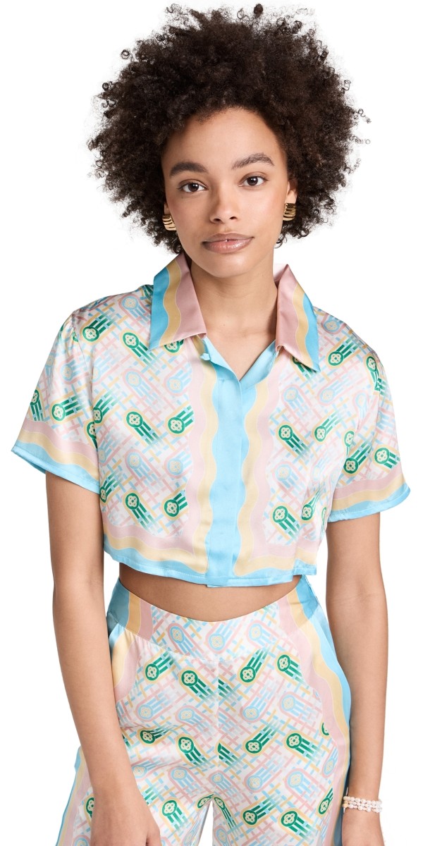 Casablanca Cuban Collar Cropped Silk Short Sleeve Shirt PING PONG PRINT