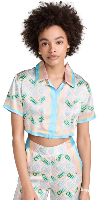 Casablanca Cuban Collar Cropped Silk Short Sleeve Shirt PING PONG PRINT