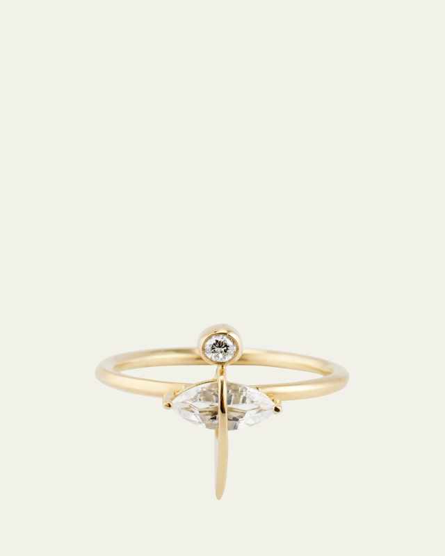 18K Yellow Gold Pierced Pear Marquise White Topaz and Diamond Ring