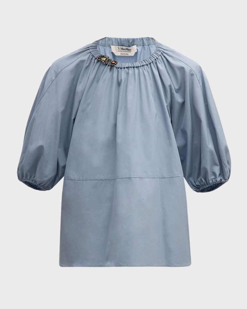 Tatiana Crystal-Brooch Puff-Sleeve Blouse