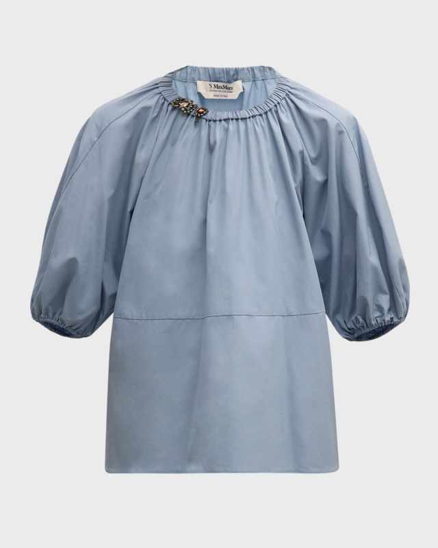 Tatiana Crystal-Brooch Puff-Sleeve Blouse