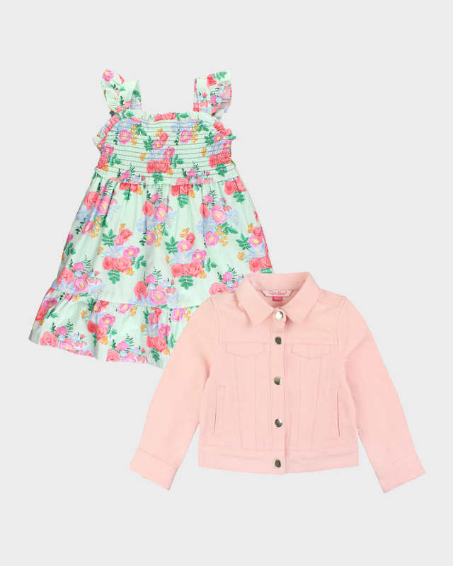 Girl's Floral-Print Dress and Denim Jacket Set, Size 3