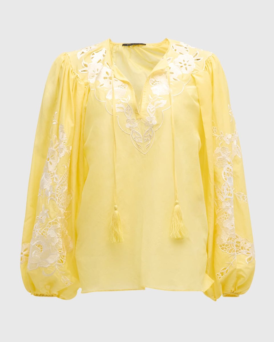 Gloria Floral-Embroidered Blouson-Sleeve Blous