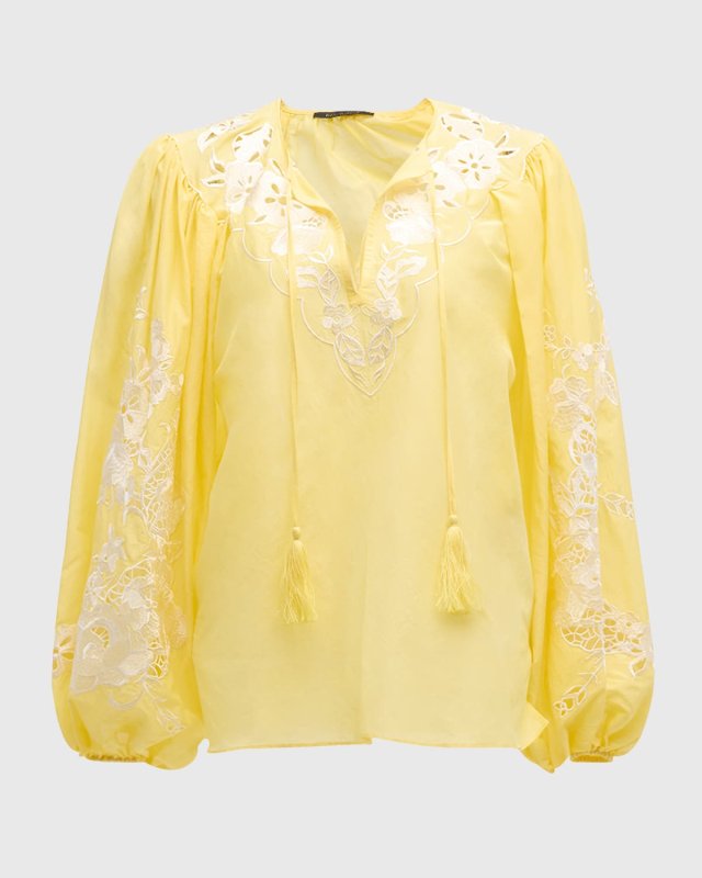 Gloria Floral-Embroidered Blouson-Sleeve Blous