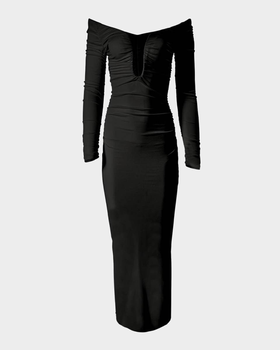 Plunging Off-the-Shoulder Long-Sleeve Ruched Midi Dress