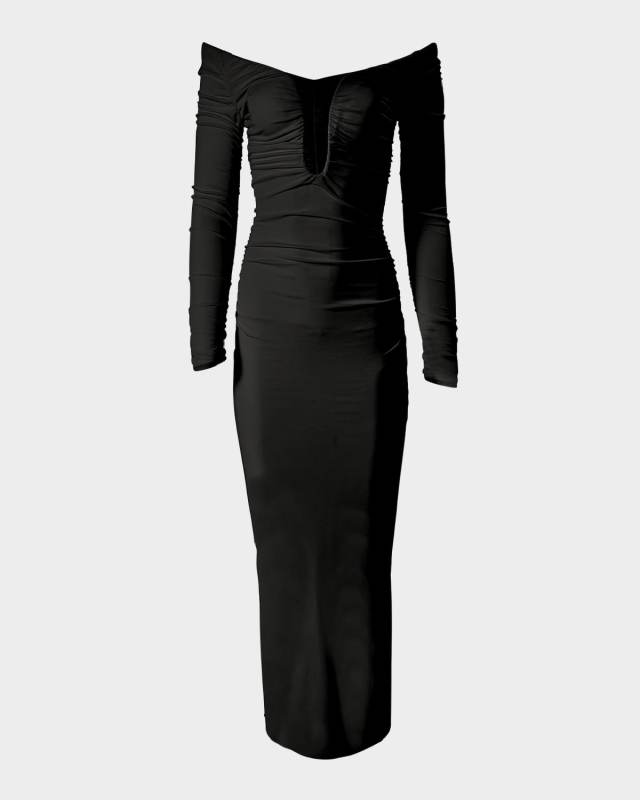 Plunging Off-the-Shoulder Long-Sleeve Ruched Midi Dress