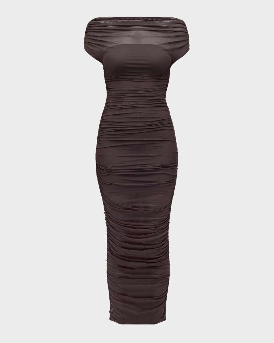 Noel Gathered Mesh Maxi Dress