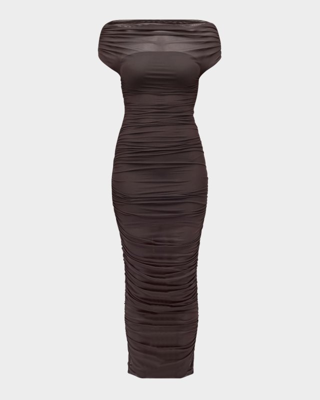 Noel Gathered Mesh Maxi Dress