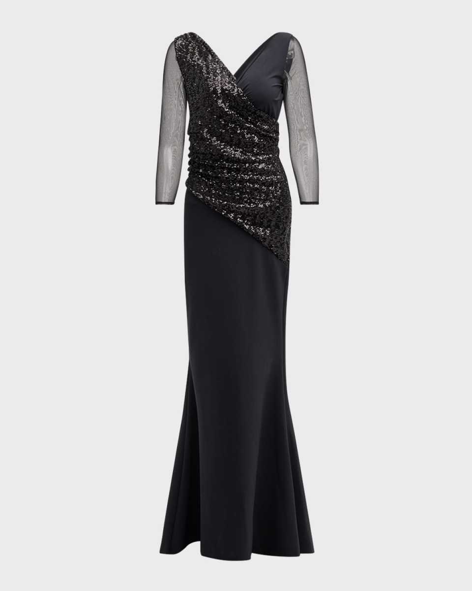 Sequin Illusion-Sleeve Trumpet Gown