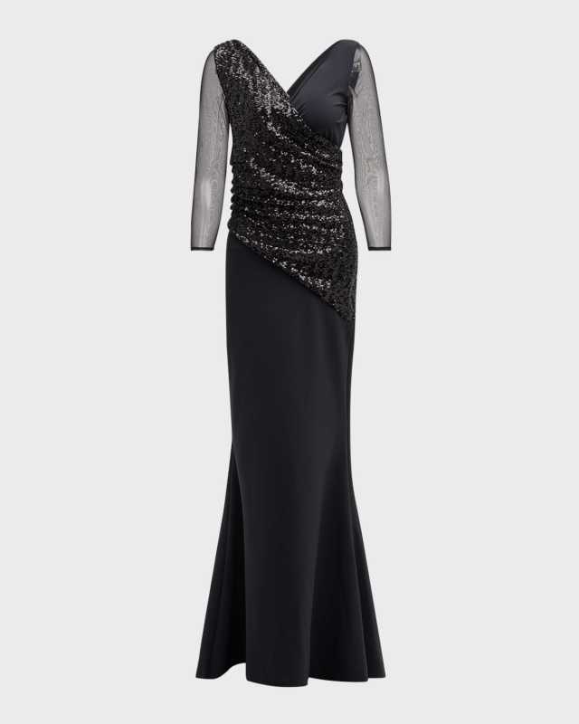 Sequin Illusion-Sleeve Trumpet Gown