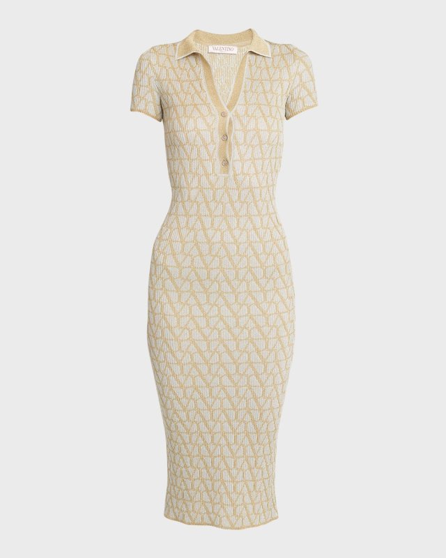 Metallic Iconograph Short-Sleeve Polo Knit Midi Dress