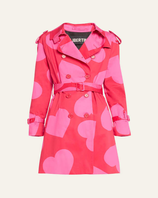Pinky Red Heart Double-Breasted Belted Trench Coat