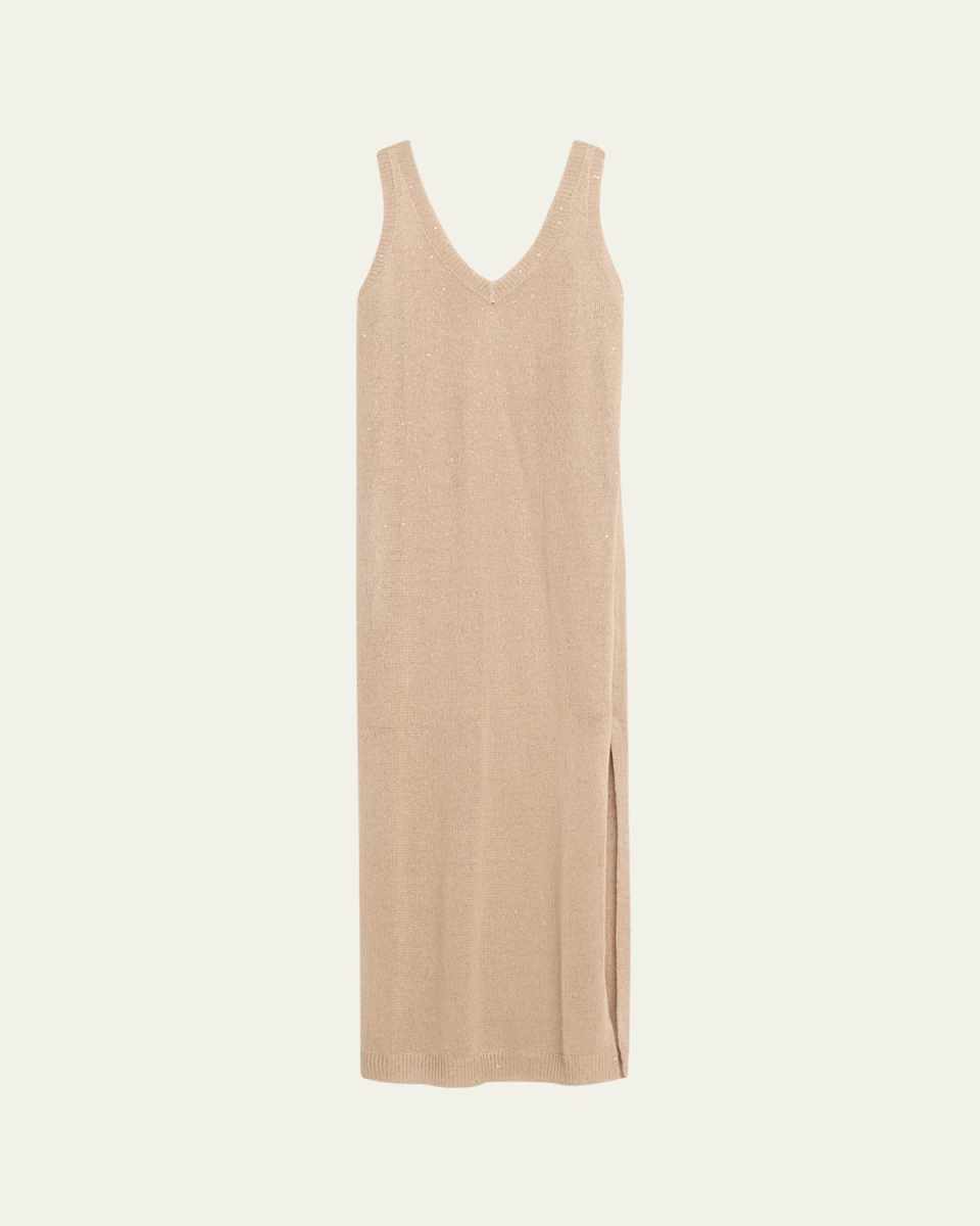 Linen Silk Diamante Knit Column Dress with Monili Detail