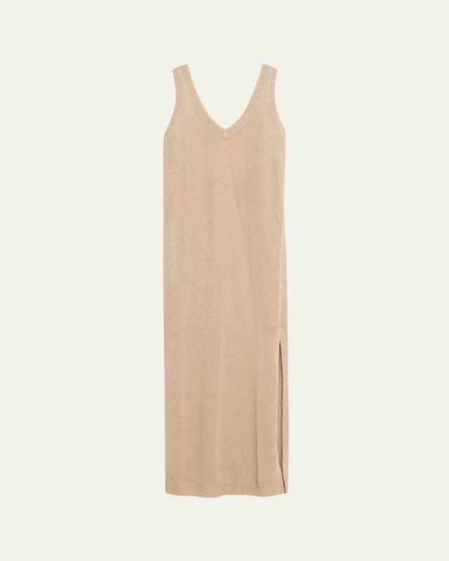 Linen Silk Diamante Knit Column Dress with Monili Detail