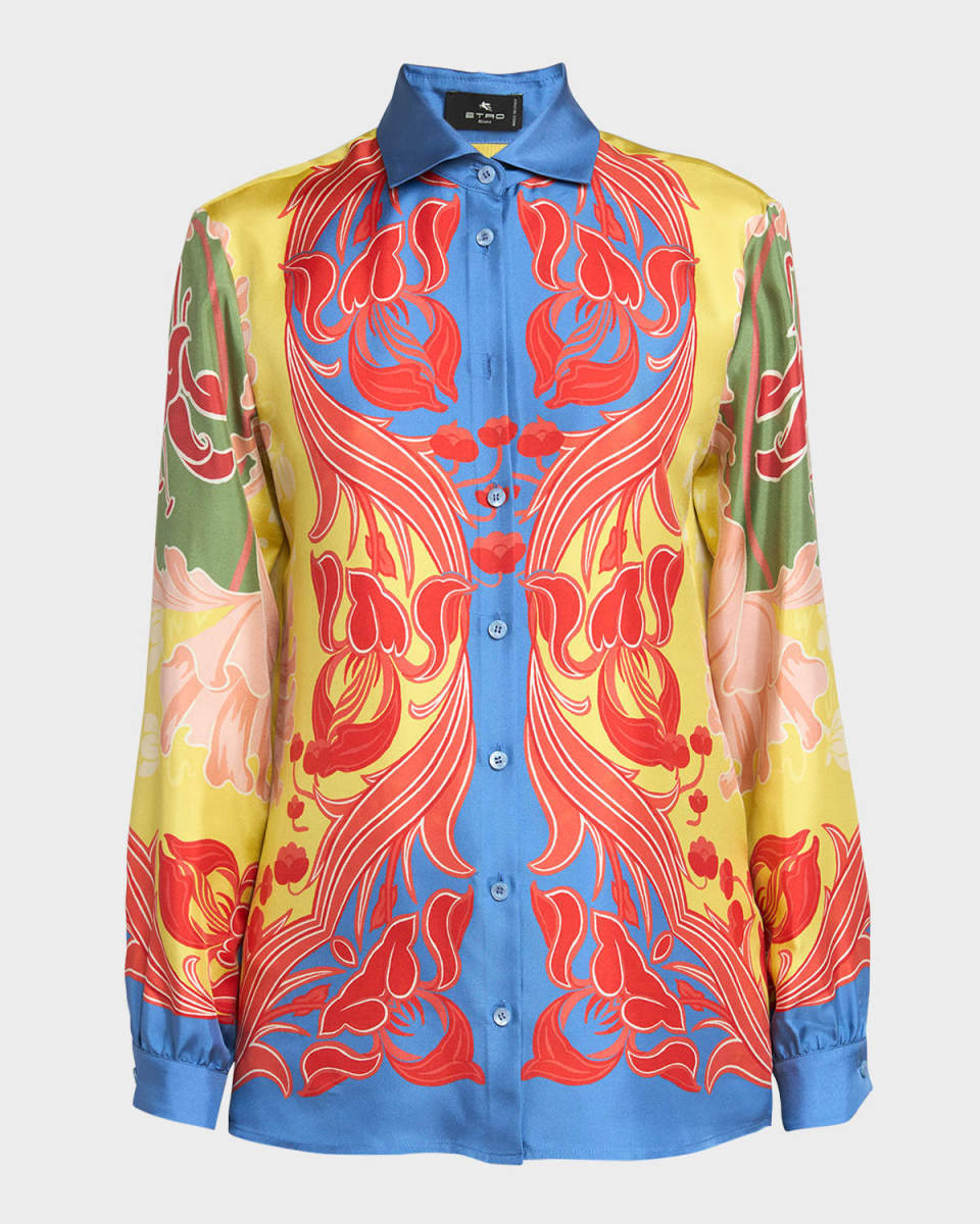 Printed Silk Long-Sleeve Button-Down Shirt