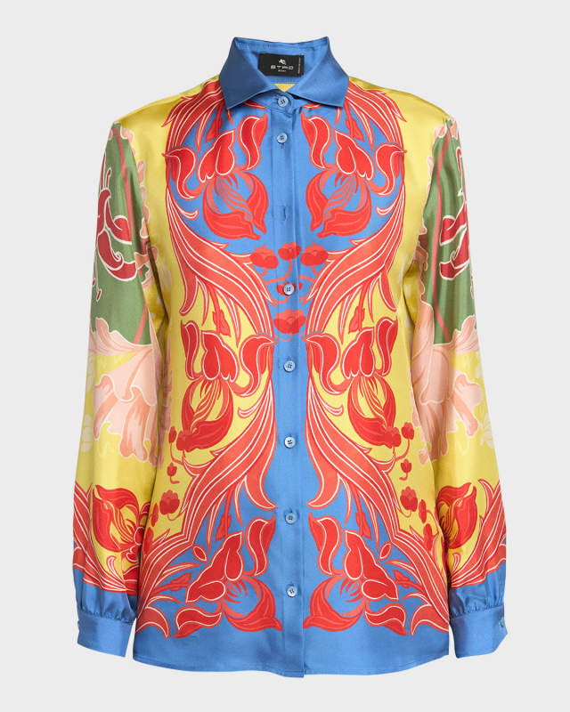 Printed Silk Long-Sleeve Button-Down Shirt
