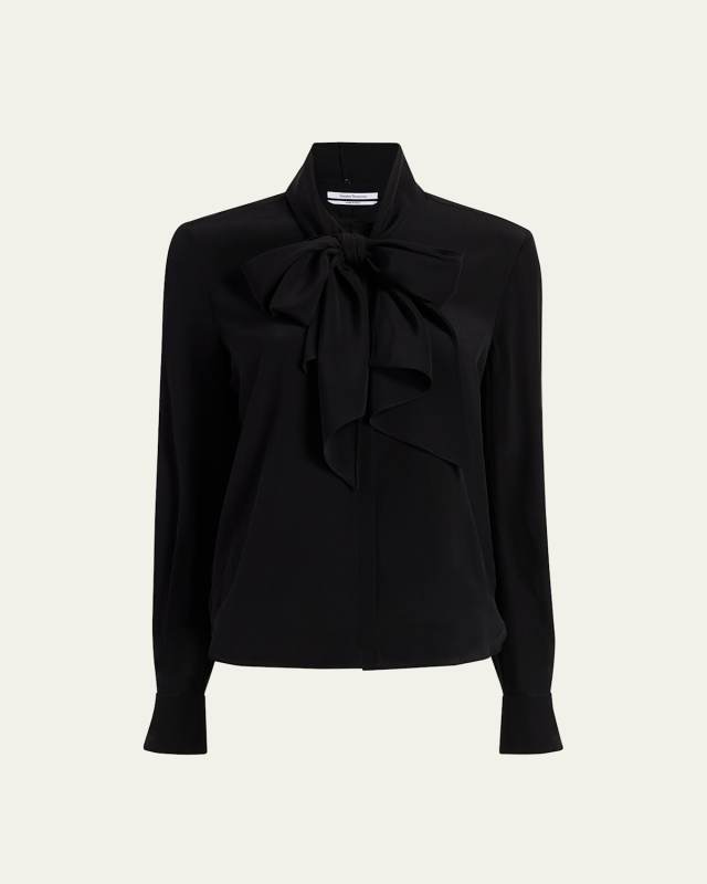 Scarf-Neck Button Up Silk Blouse