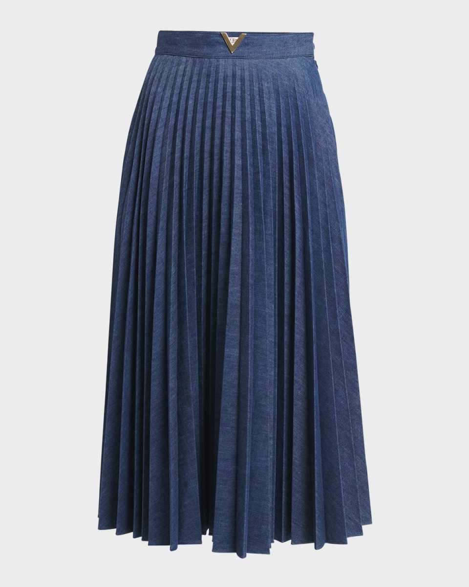 V-Logo Pleated Denim Midi Skirt