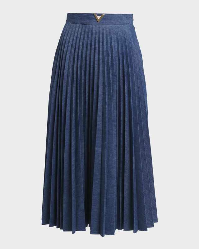 V-Logo Pleated Denim Midi Skirt