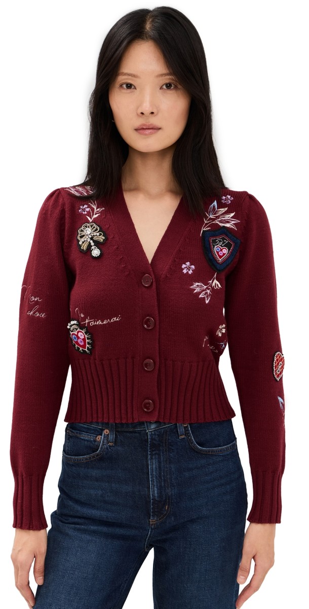 Cinq à Sept Heritage Patch Morgan Cardigan Oxblood Multi