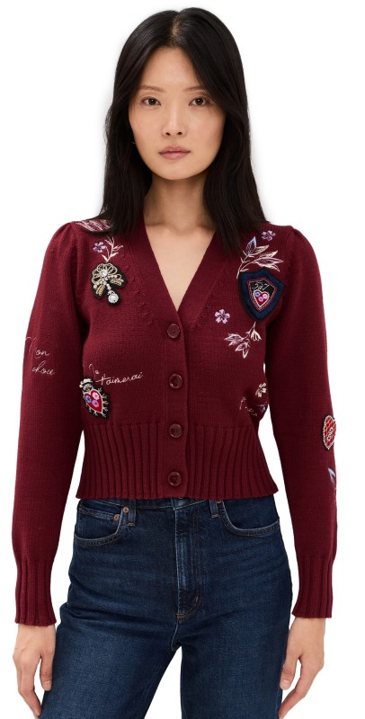 Cinq à Sept Heritage Patch Morgan Cardigan Oxblood Multi