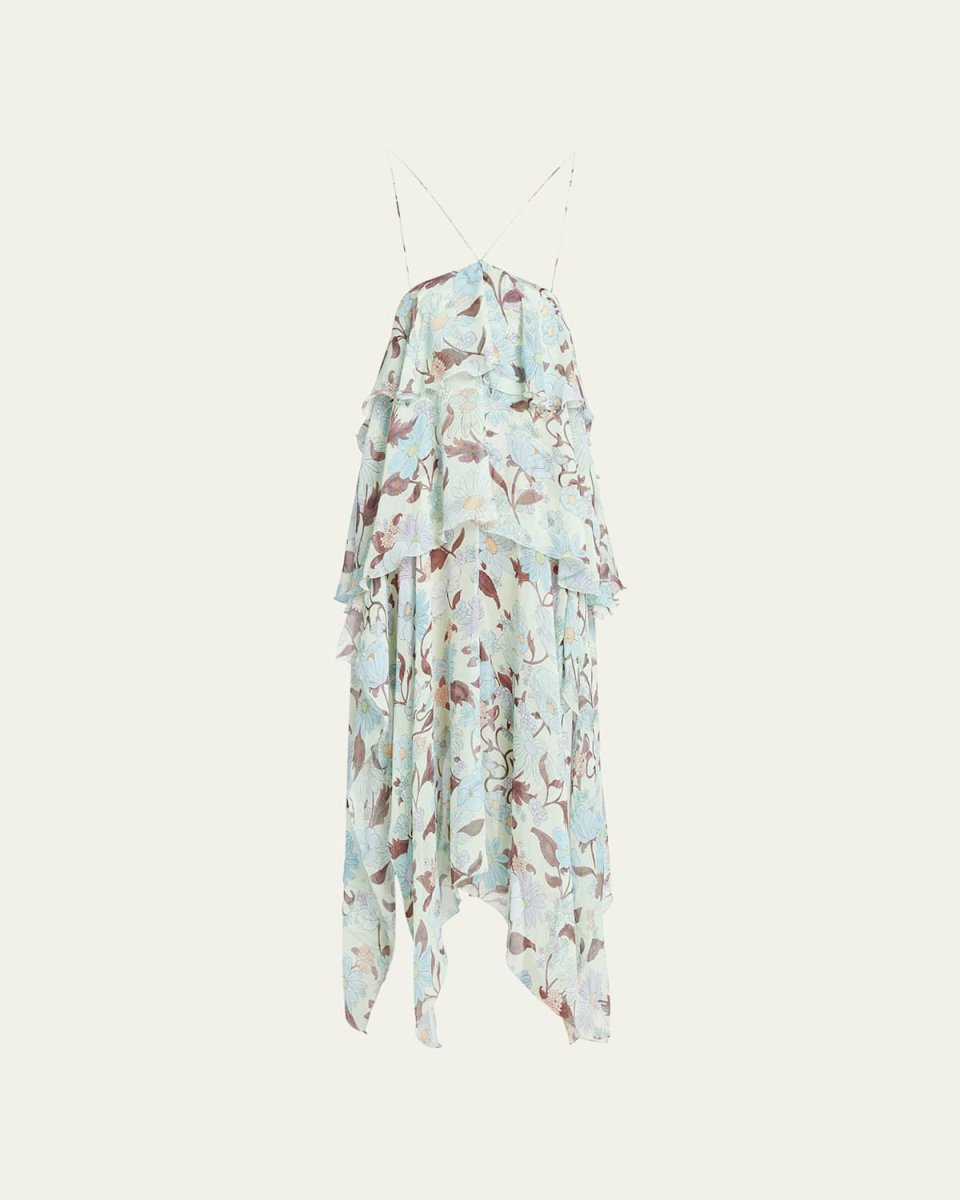 Garden Print Frill Asymmetric Dress