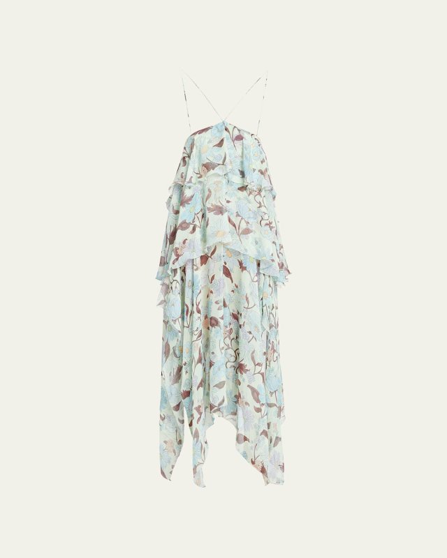 Garden Print Frill Asymmetric Dress