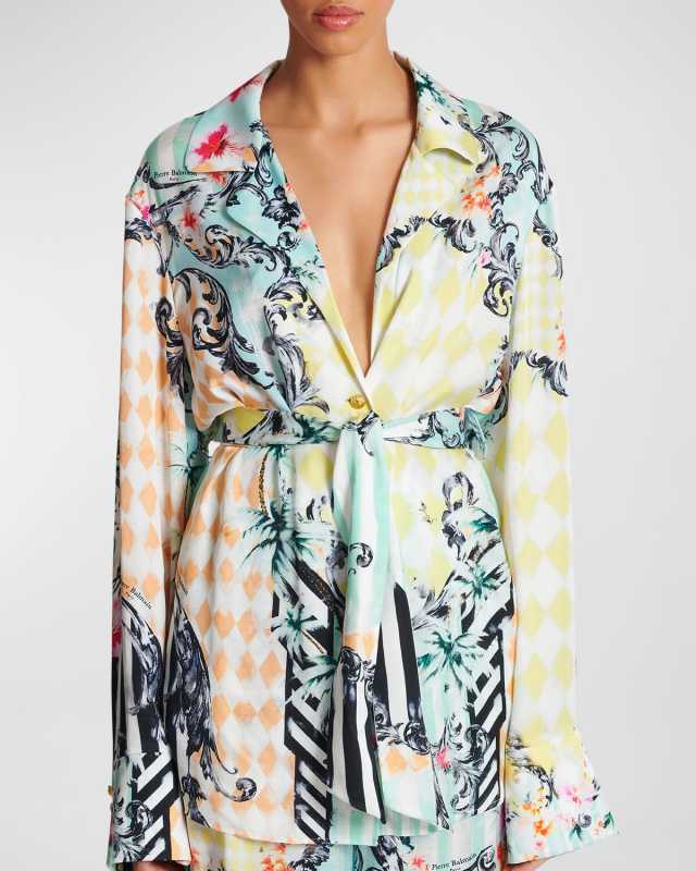 Baroque-Print Belted Pajama Shirt