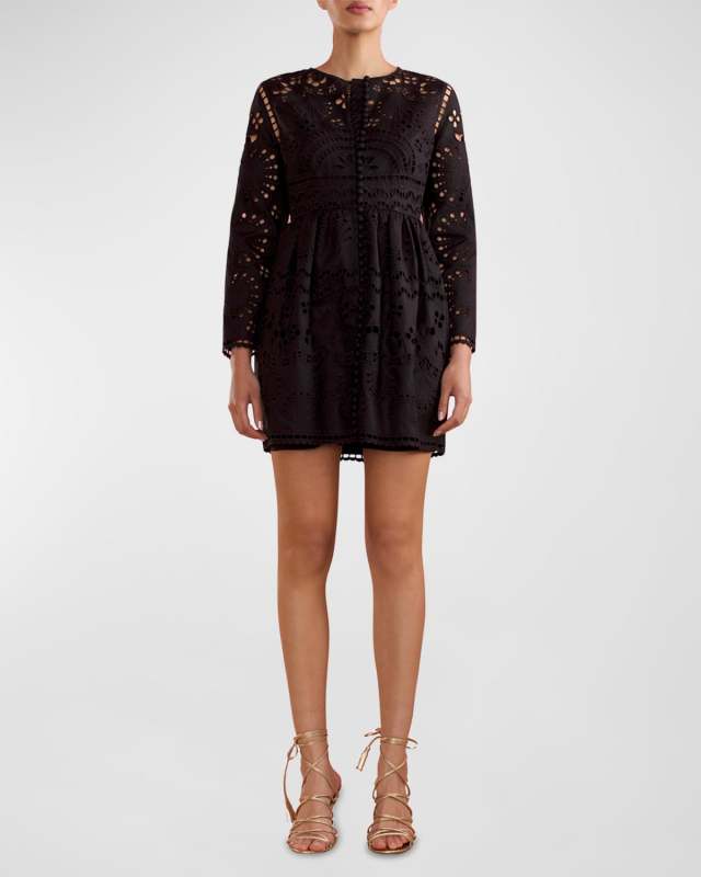 Pleated Eyelet-Embroidered Linen Mini Dress