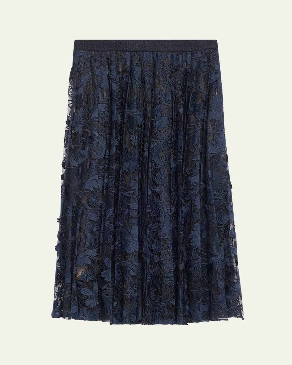 Marbled Carnation Tulle Guipure Pleated Midi Skirt