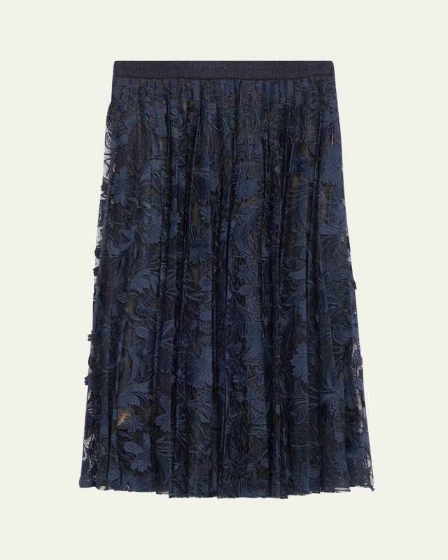 Marbled Carnation Tulle Guipure Pleated Midi Skirt