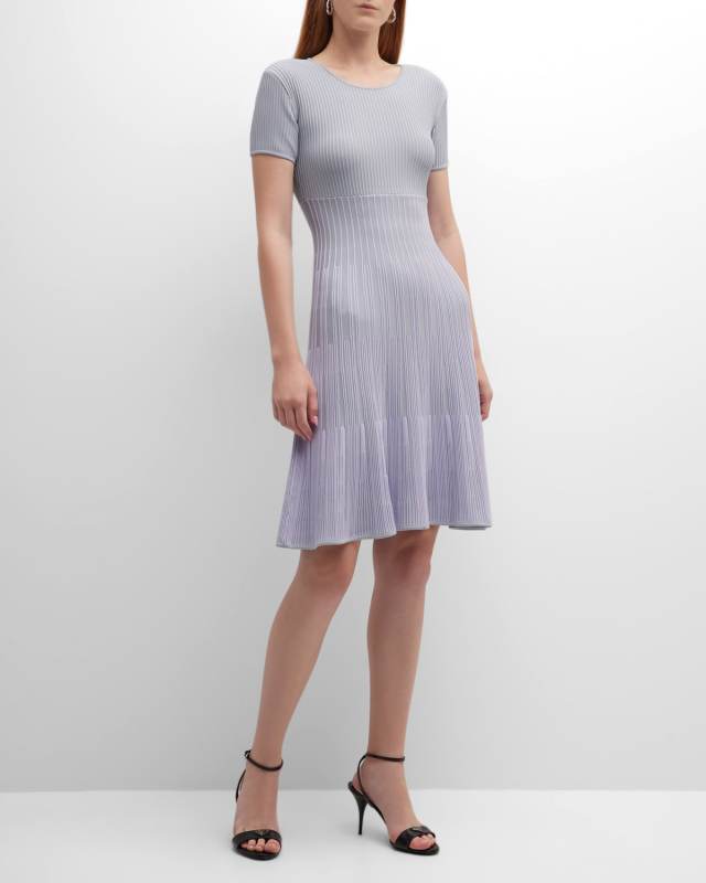 Ribbed Short-Sleeve A-Line Midi Dress