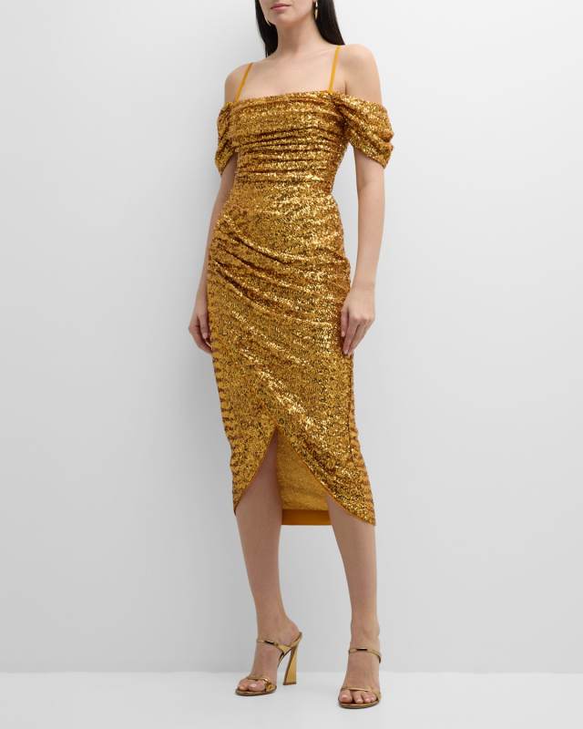 Off-Shoulder Ruched Sequin Midi Dress