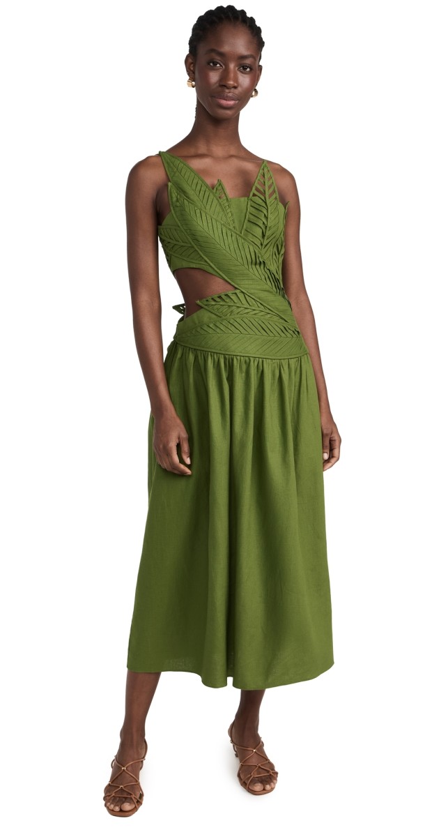 FARM Rio Green Leaves Cut Out Midi Dress Green