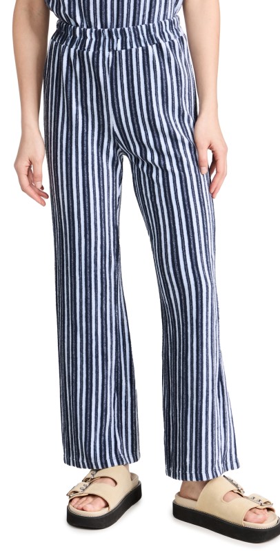 MONROW Stripe Terry Cloth High Waisted Flare Sweat Pants Navy Stripe