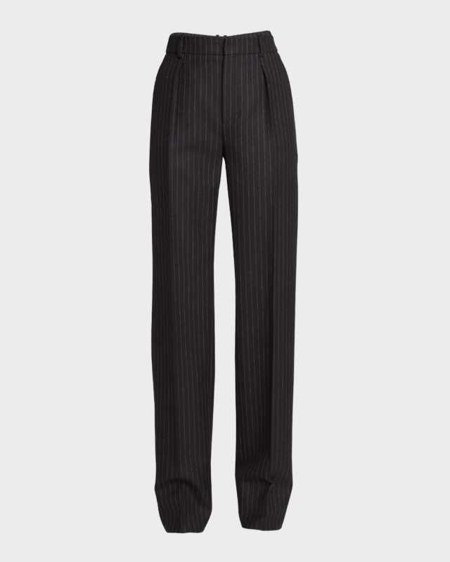 Pleated Straight-Leg Pinstripe Pants