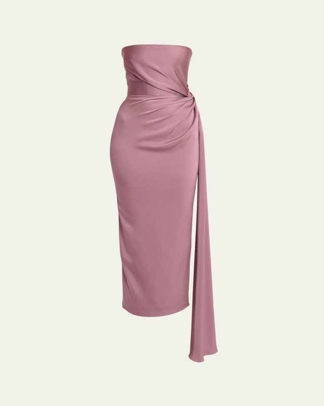 Strapless Satin Midi Dress with Draped Detail