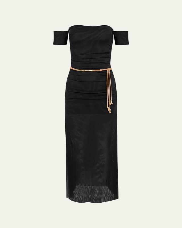 Solid Brine Off-Shoulder Mesh Maxi Dress