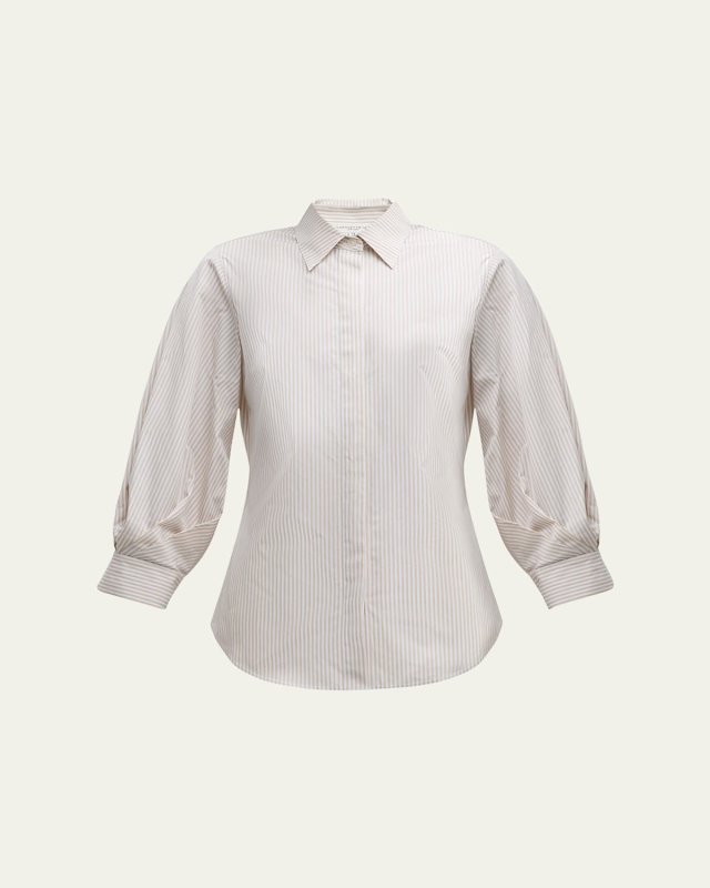 Striped Blouson-Sleeve Cotton Shirt