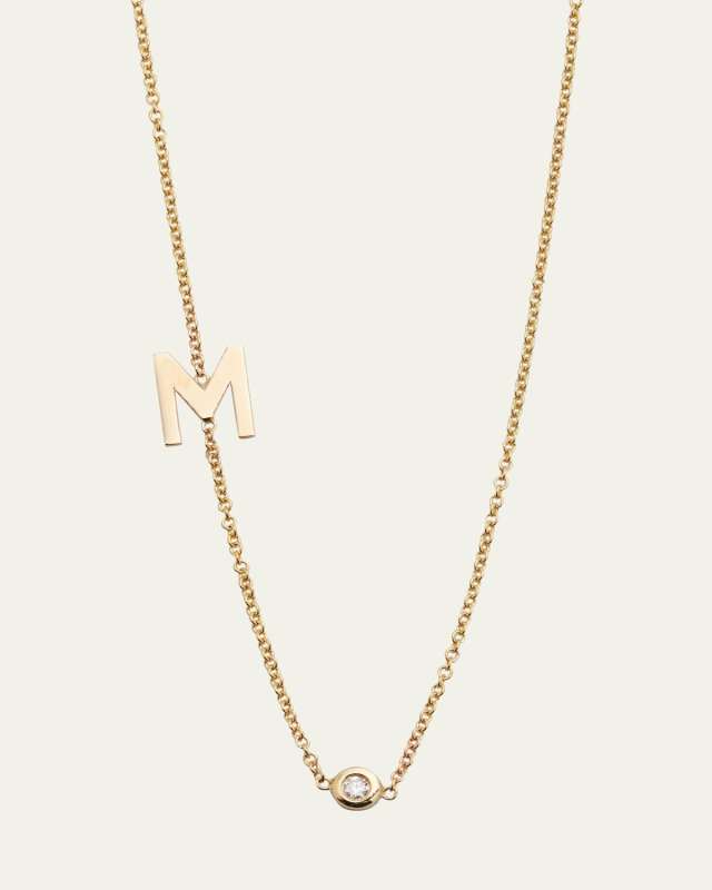 14k Gold Asymmetrical Initial and Bezel Diamond Necklace