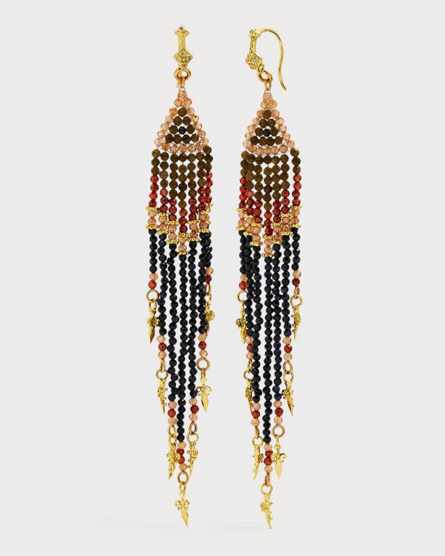 18K Yellow Gold Beaded Feather Earrings with Shaded Sapphires, Garnet, Labradorite and Brown Zircon