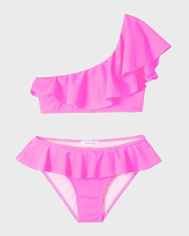 Girl's Ruffle One Shoulder Bikini Set, Size 2-12