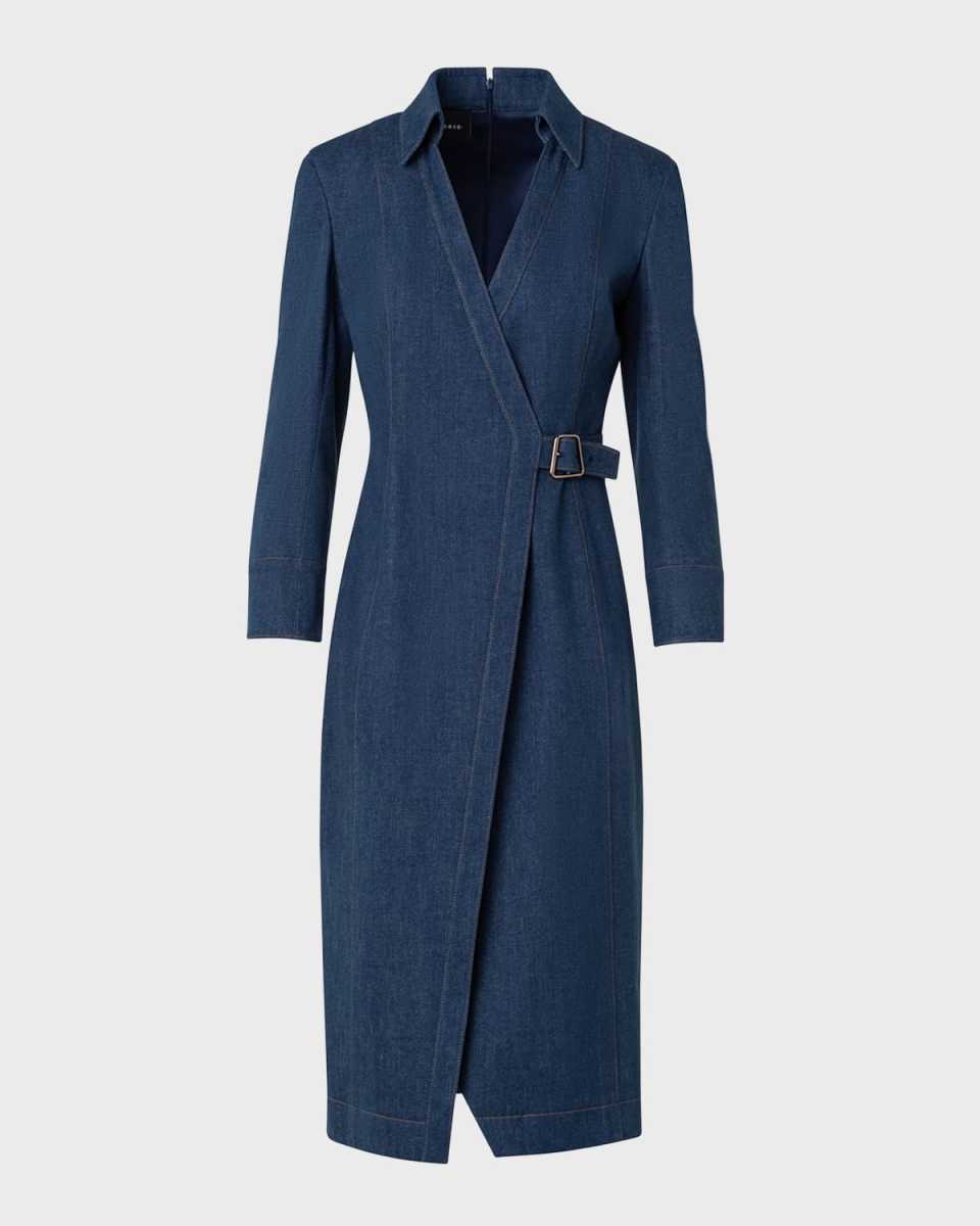 Trapezoid-Buckle Stretch Denim Wrap Shirtdress