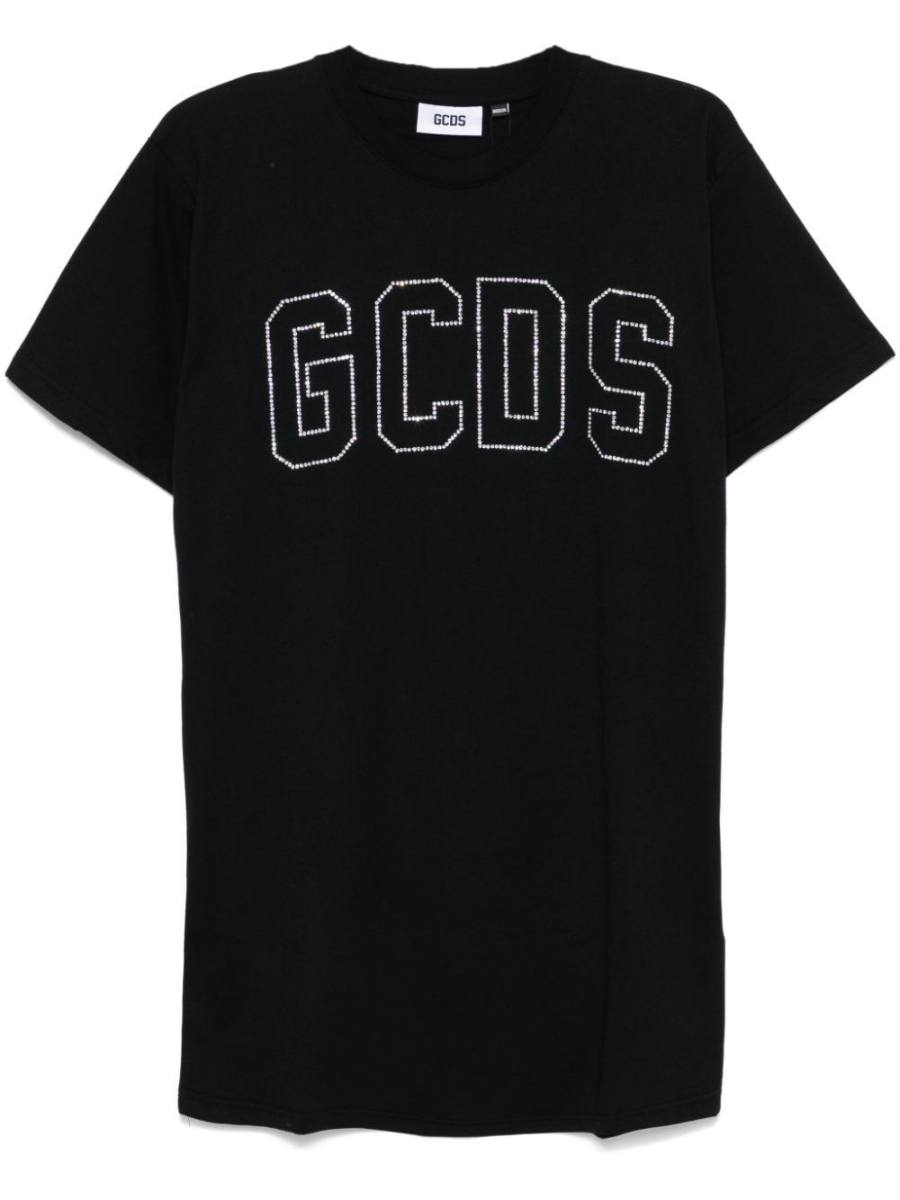 logo-rhinestone mini dress